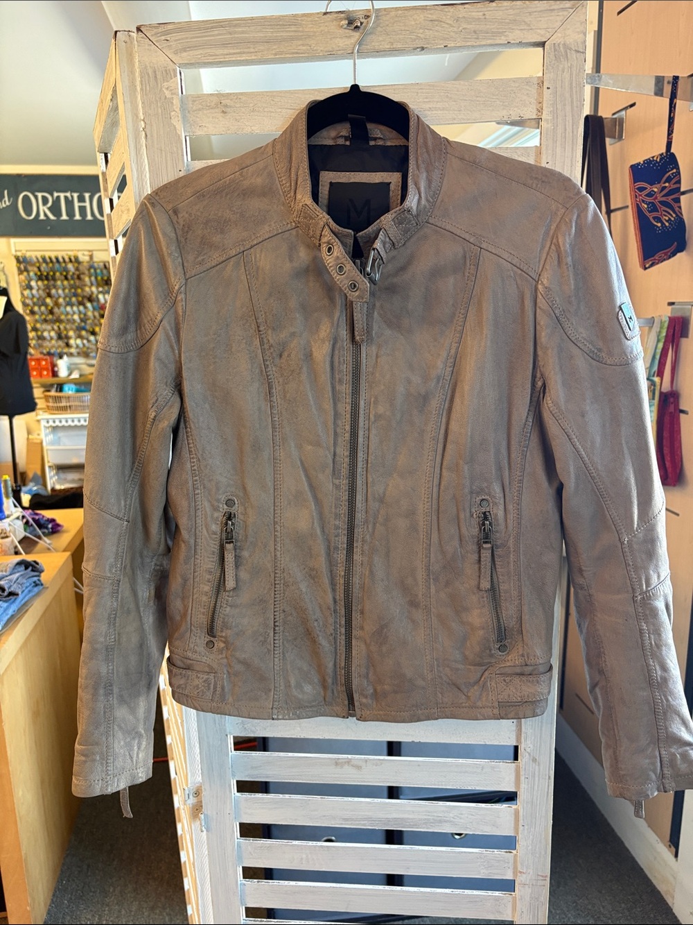 Women's Leather Biker Jacket - Taupe